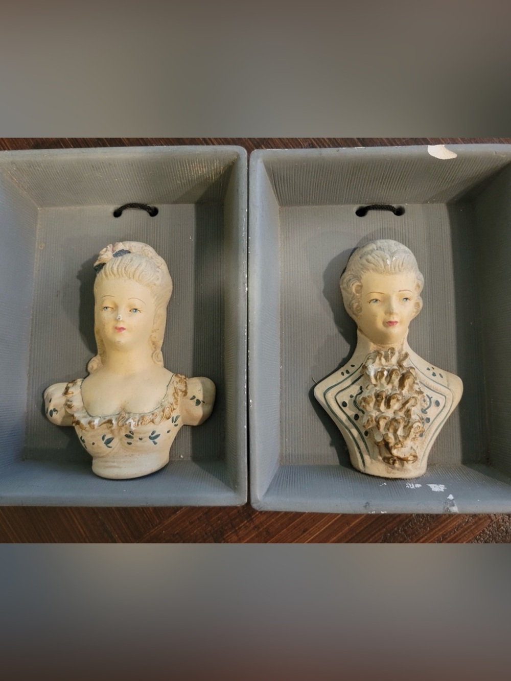 Vintage Victorian Bisque Hanging Man and Woman plaques.